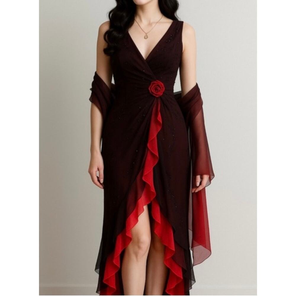Dolce Jovani Silk Maxi Slip Dress Layered Black/Red Size 10 Vintage Whimsical - Picture 14 of 14